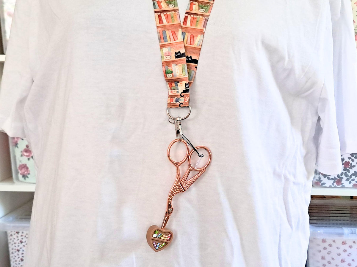Bookshelf Cat Lanyard Scissor Protector Set, Crochet Knitting Embroidery Quilting Sewing Accessory Supplies, Crafter Book Lover Reader Gift