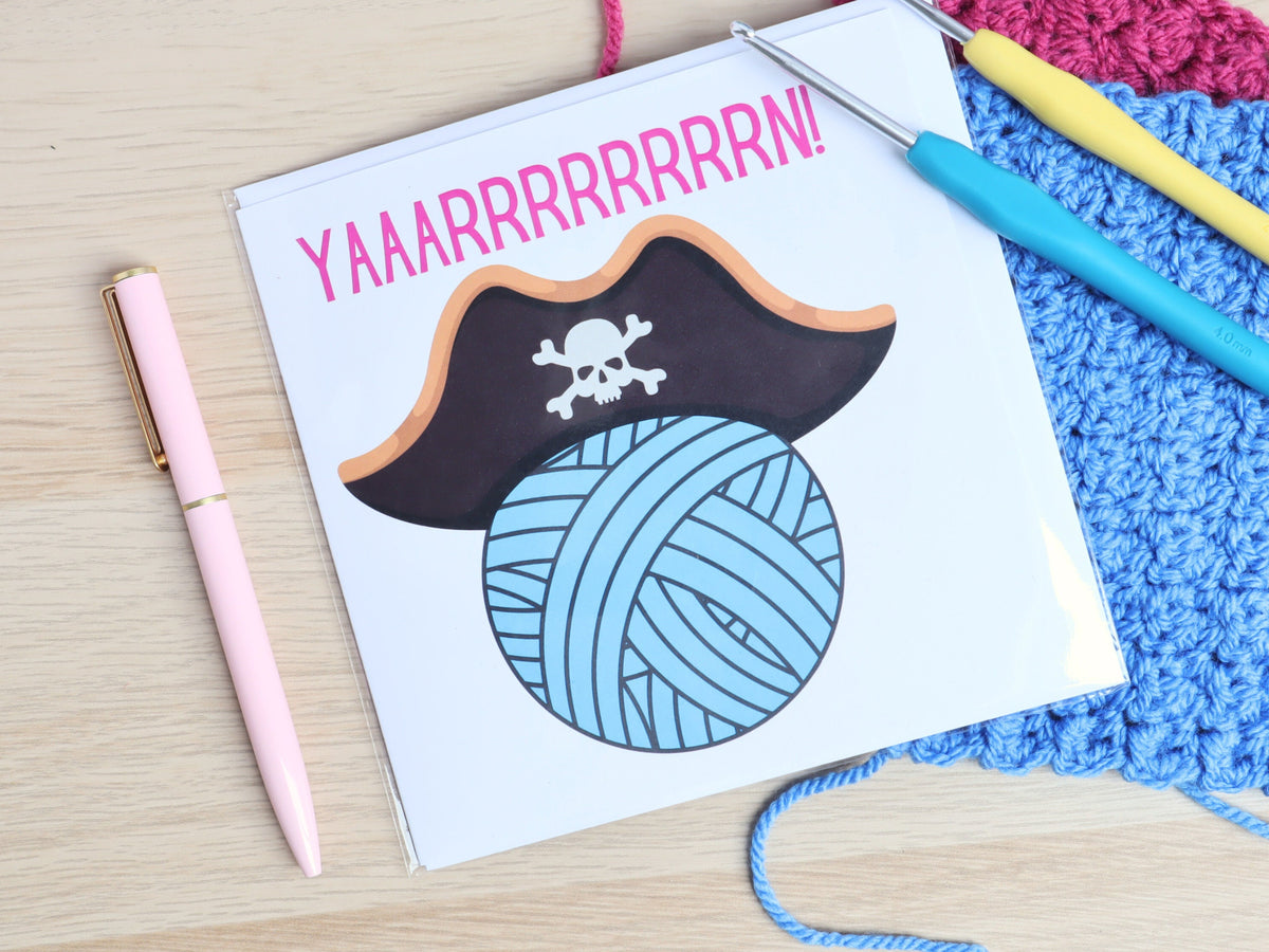 Yarn Pirate Blank Greetings Card, Square Yarn Addict Crocheter Pun Birthday Anniversary Get Well Soon Notecard, Gift For Crafter