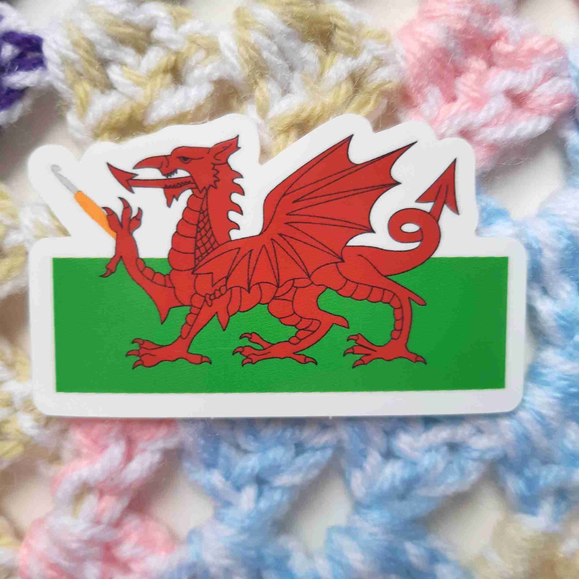 Funny Welsh Dragon Crochet Hook Die Cut Sticker,WIP Notebook Planner Sticker Full Colour Waterproof Glossy Crochet Laptop Decal Crochet Gift