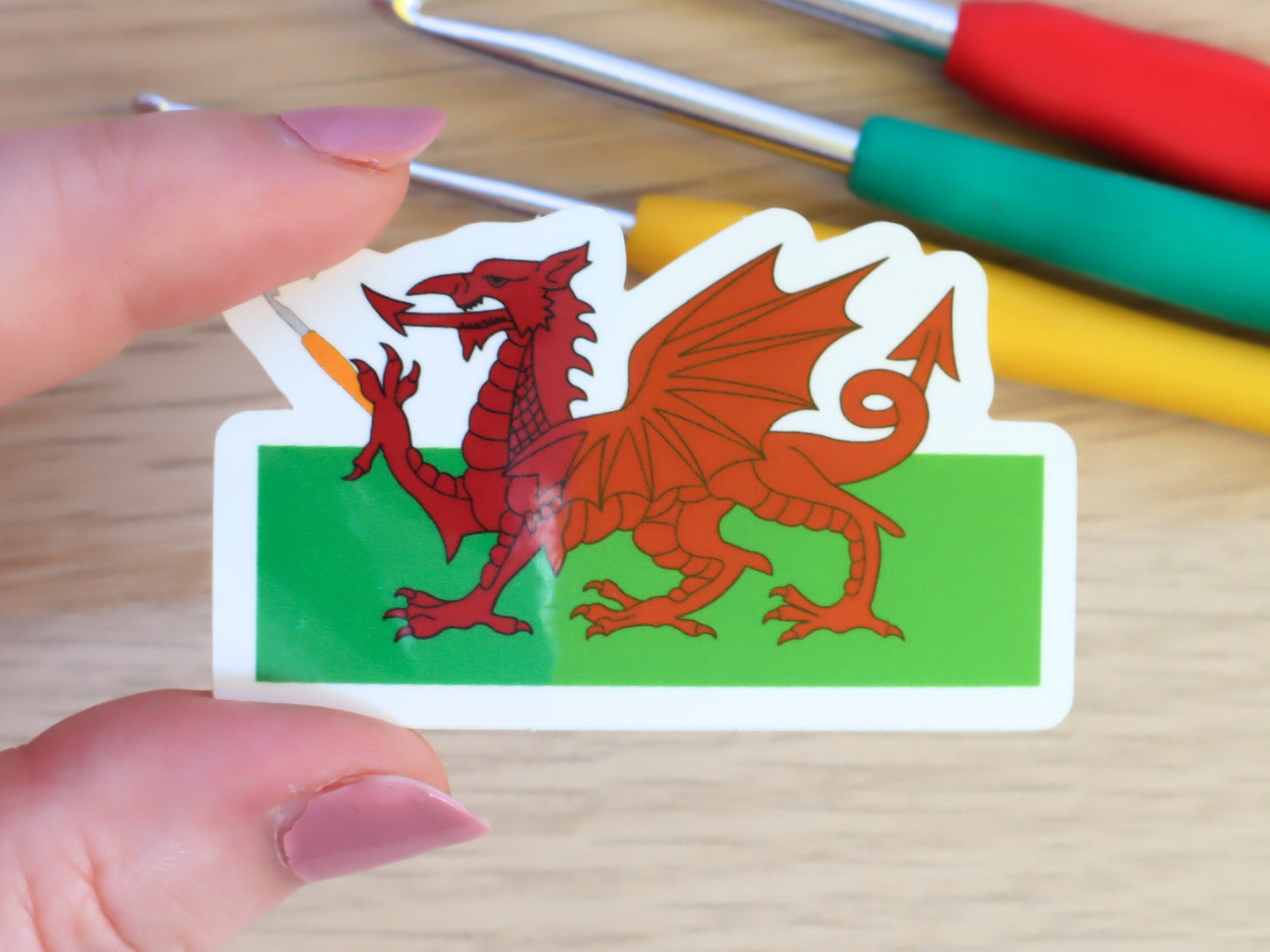 Funny Welsh Dragon Crochet Hook Die Cut Sticker,WIP Notebook Planner Sticker Full Colour Waterproof Glossy Crochet Laptop Decal Crochet Gift