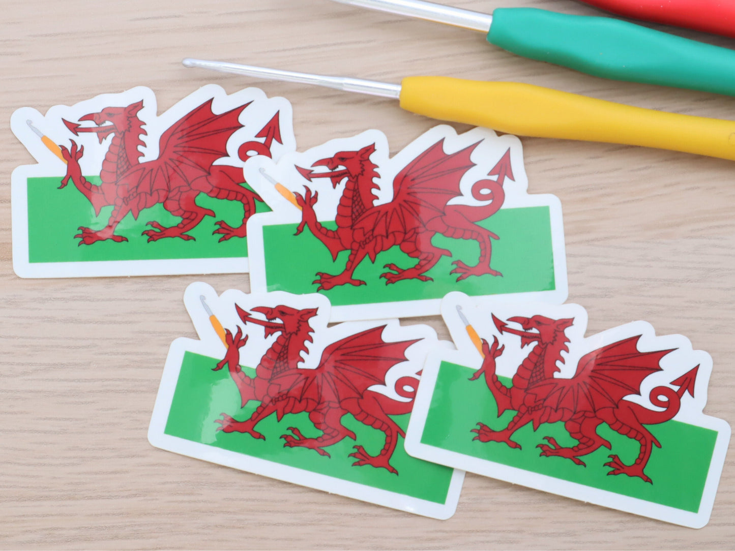 Funny Welsh Dragon Crochet Hook Die Cut Sticker,WIP Notebook Planner Sticker Full Colour Waterproof Glossy Crochet Laptop Decal Crochet Gift