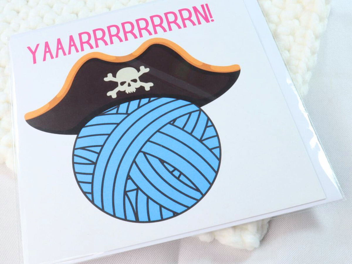 Yarn Pirate Blank Greetings Card, Square Yarn Addict Crocheter Pun Birthday Anniversary Get Well Soon Notecard, Gift For Crafter