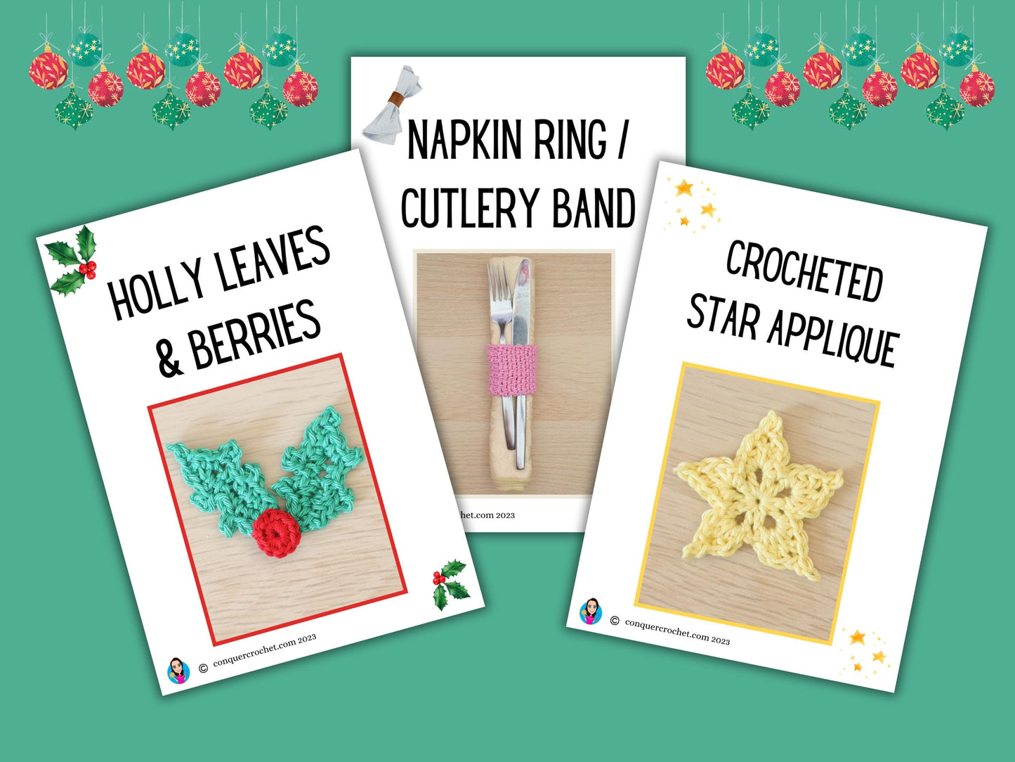 Christmas Napkin Ring/Cutlery Band Crochet Pattern with Holly Berries And Star Applique