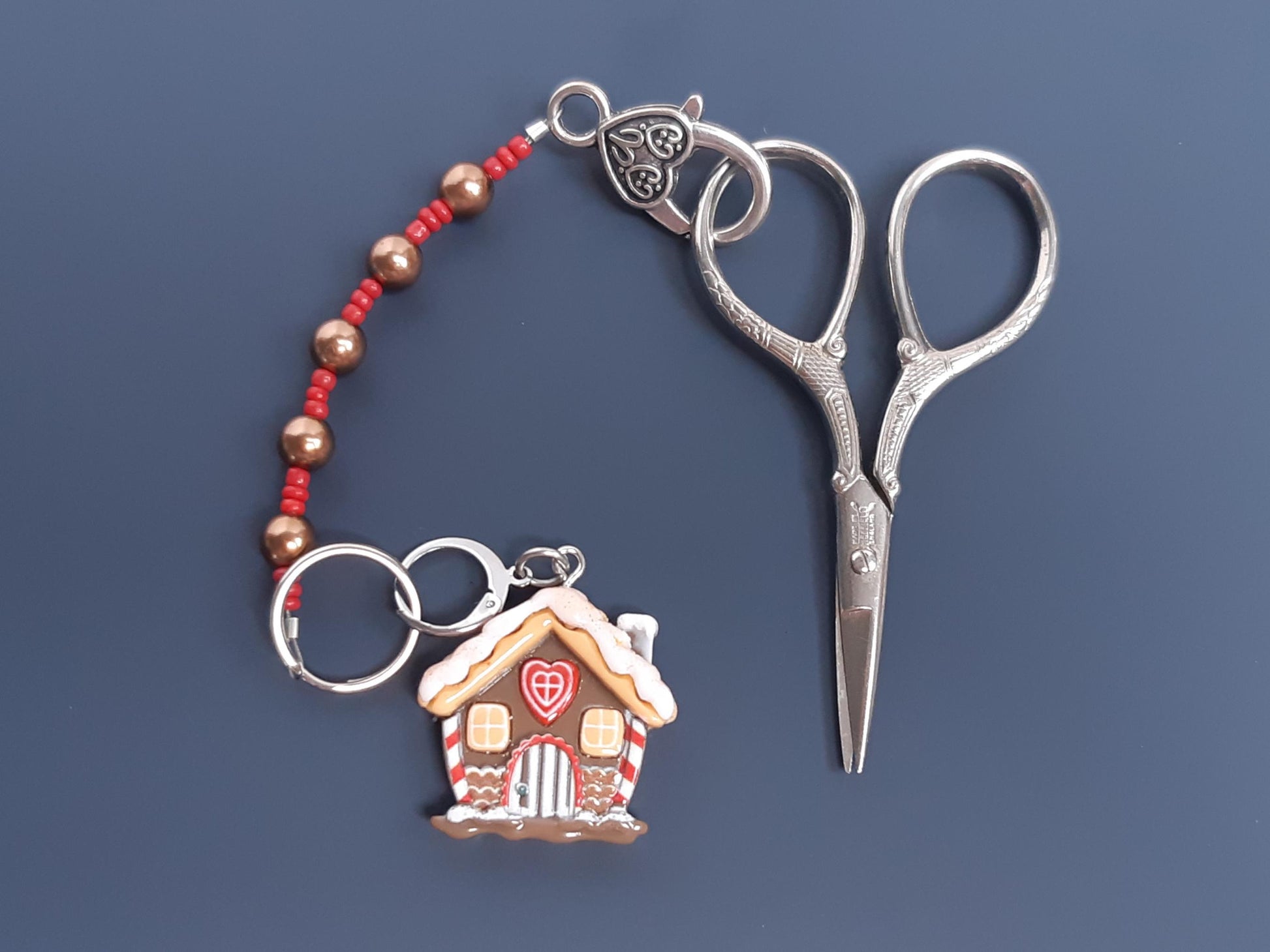 Gingerbread House Beaded Scissor Fob and Stitch Marker Set