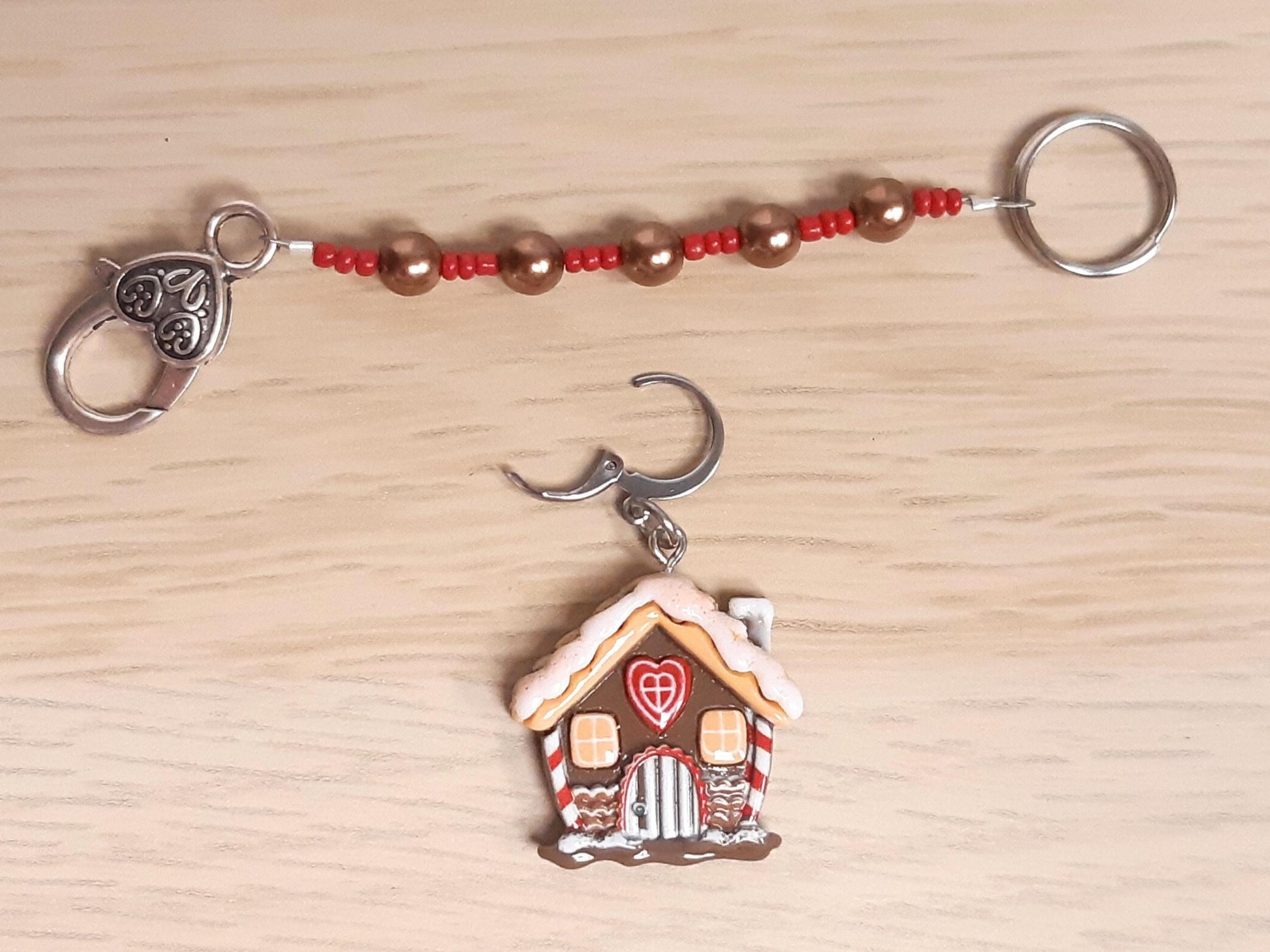 Gingerbread House Beaded Scissor Fob and Stitch Marker Set