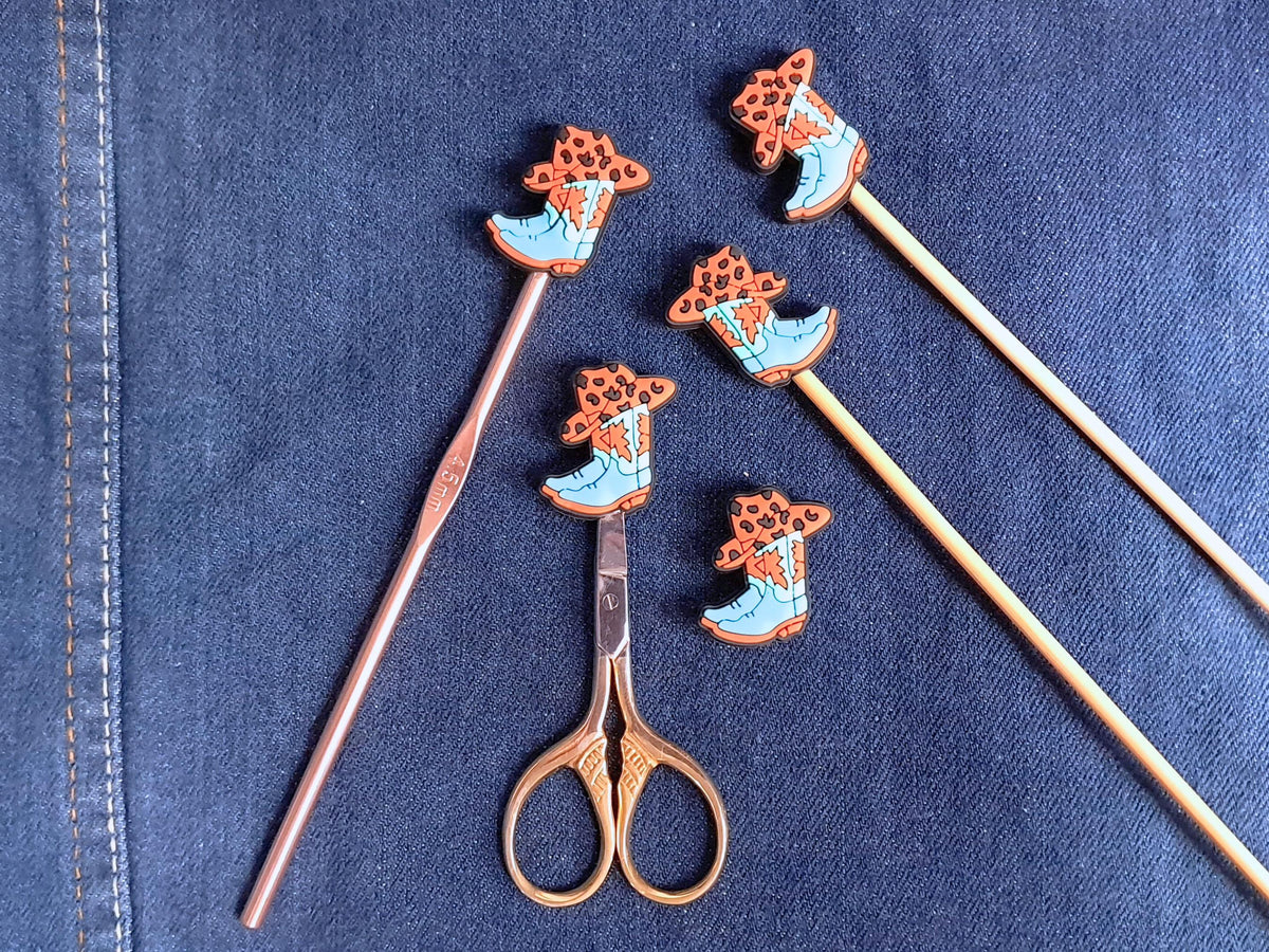 Cowboy Boot And Hat Stitch Stopper, Silicone Bead Scissor Tip Protector, Knitting Needle Cap, Crochet Project Saver, WIP Bag Tool Notions