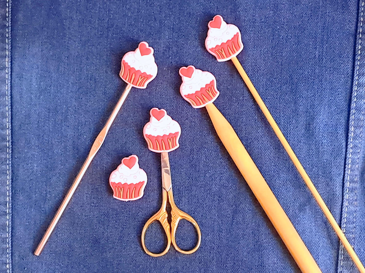 Strawberry Cupcake Stitch Stopper, Silicone Scissor Knitting Needle Crochet Hook Protector, Project Saver, WIP Bag Tool Notion Supply