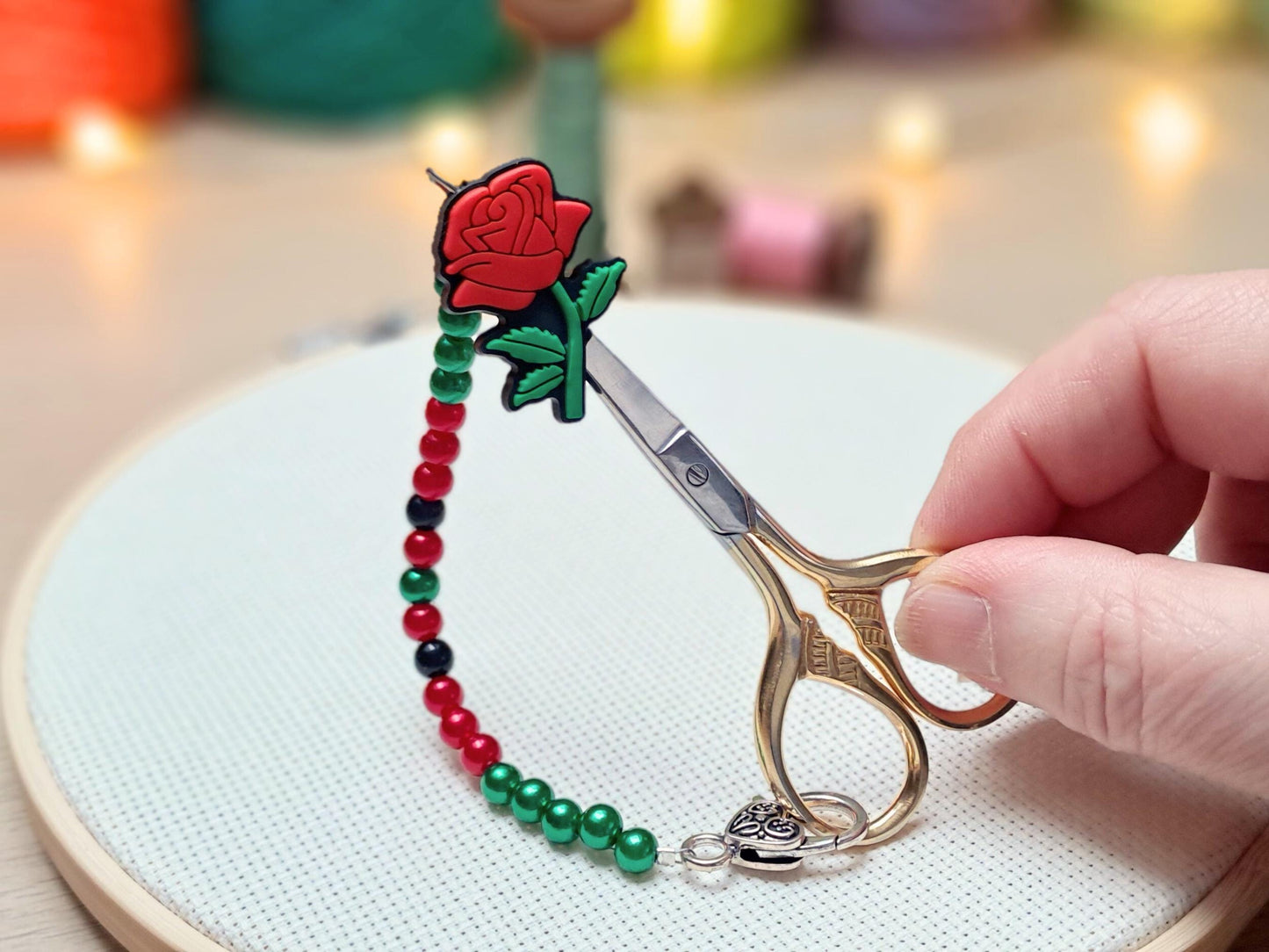 Rose Scissor Fob with Protection Bead, Red Flower Keeper, Embroidery Sewing Crochet Knitting, Project Bag Notion, Valentine Anniversary Gift