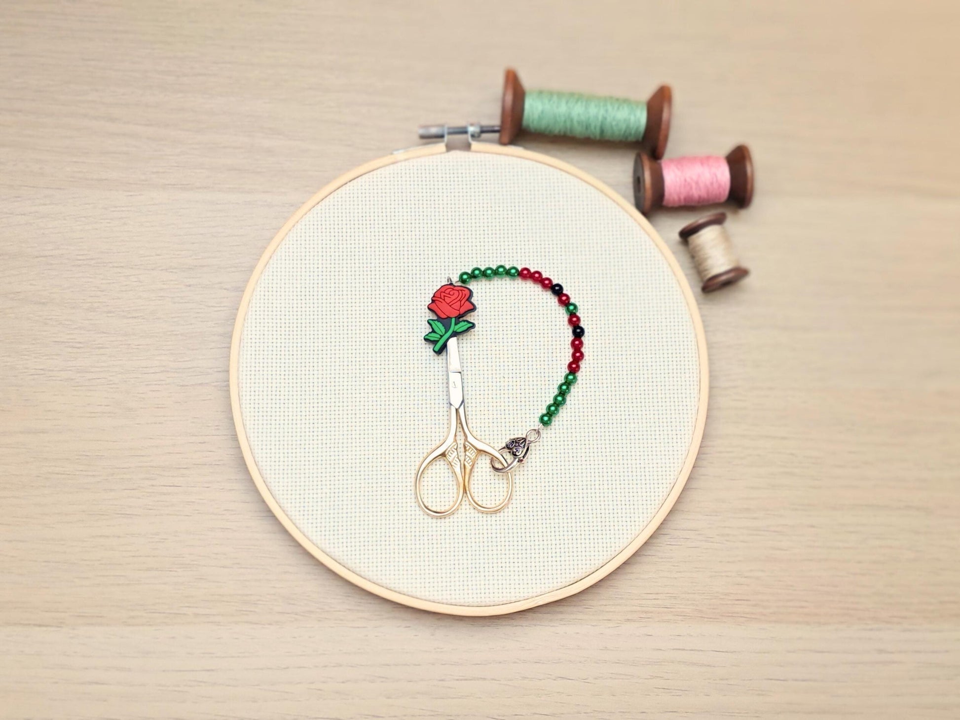 Rose Scissor Fob with Protection Bead, Red Flower Keeper, Embroidery Sewing Crochet Knitting, Project Bag Notion, Valentine Anniversary Gift