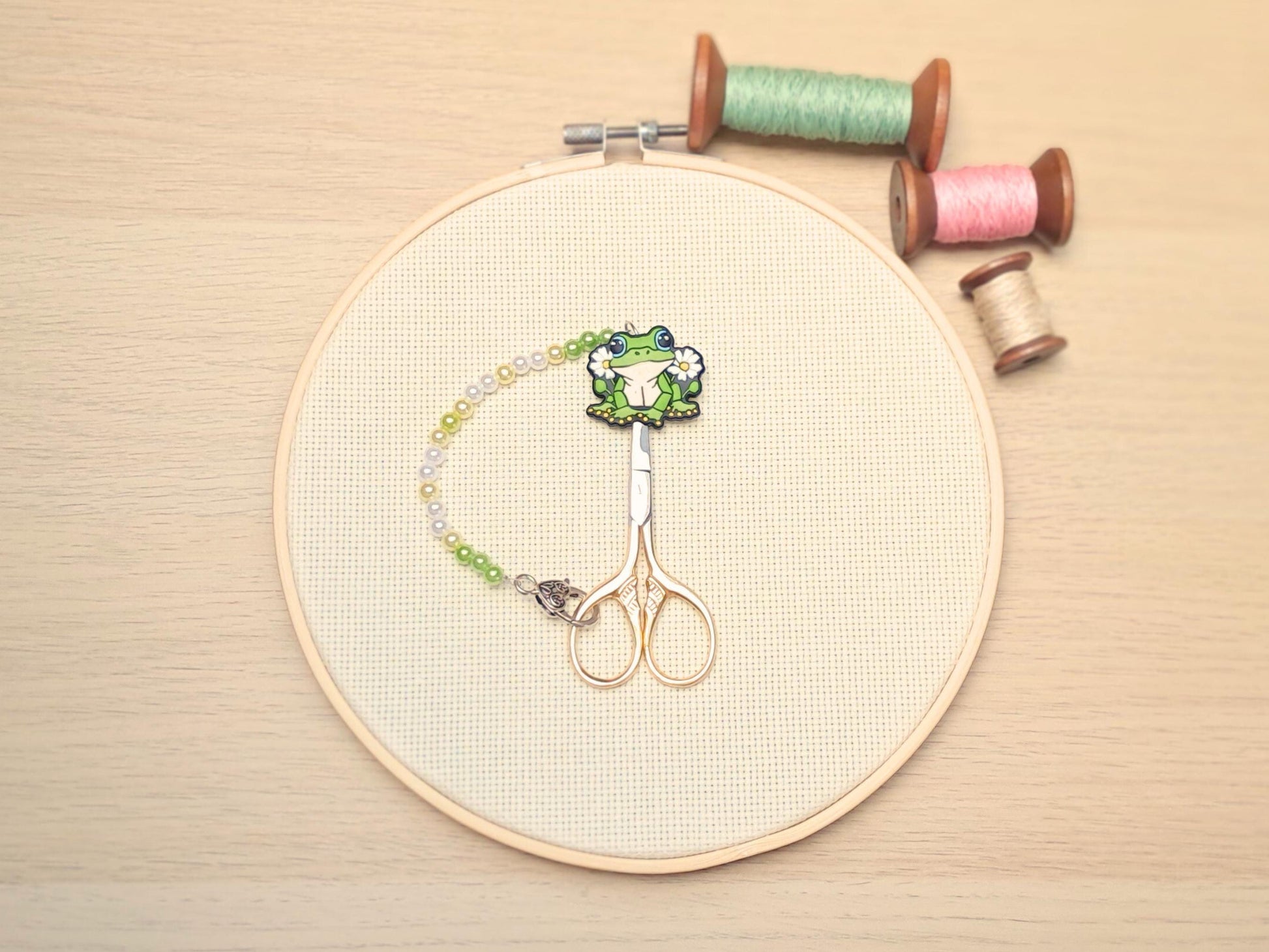 Frog Scissor Fob with Protection Bead, Identifier Keeper, Embroidery Sewing Crochet Knitting Cross Stitch Tapestry Gift, Project Bag Notion