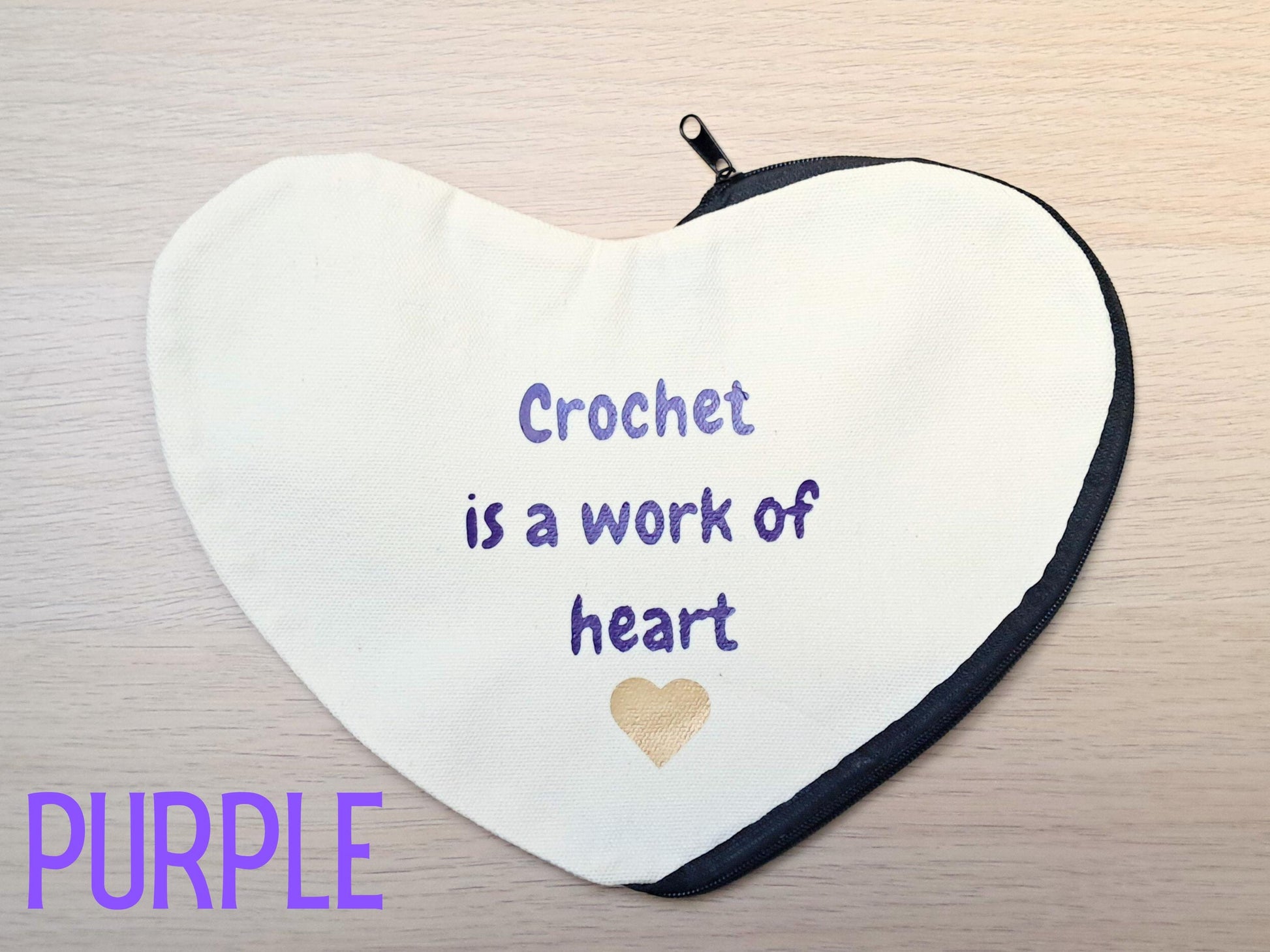 Crochet Is A Work Of Heart Notions Pouch, Heart Shaped Cotton Canvas Zipper Hook Case, Crafter Bag Gift, Accessories Supplies Bag