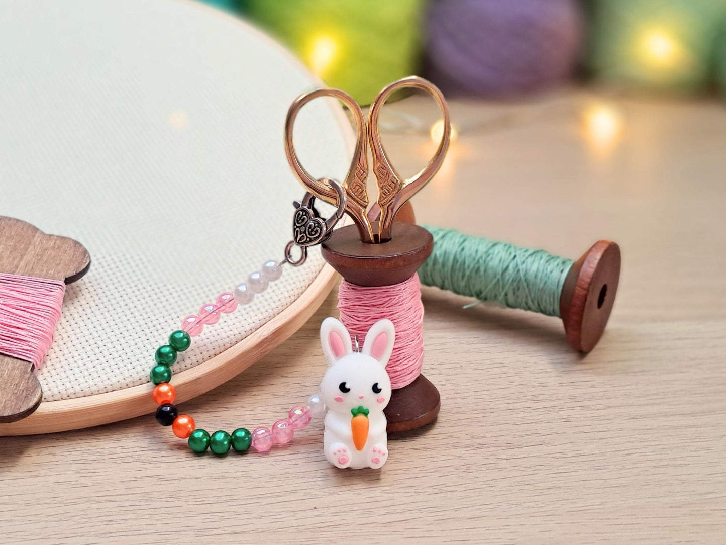 Rabbit Scissor Fob with Protection Bead, Bunny Scissor Keeper, Embroidery Sewing Crochet Knitting Notion, Project Bag Tool, Spring Gift