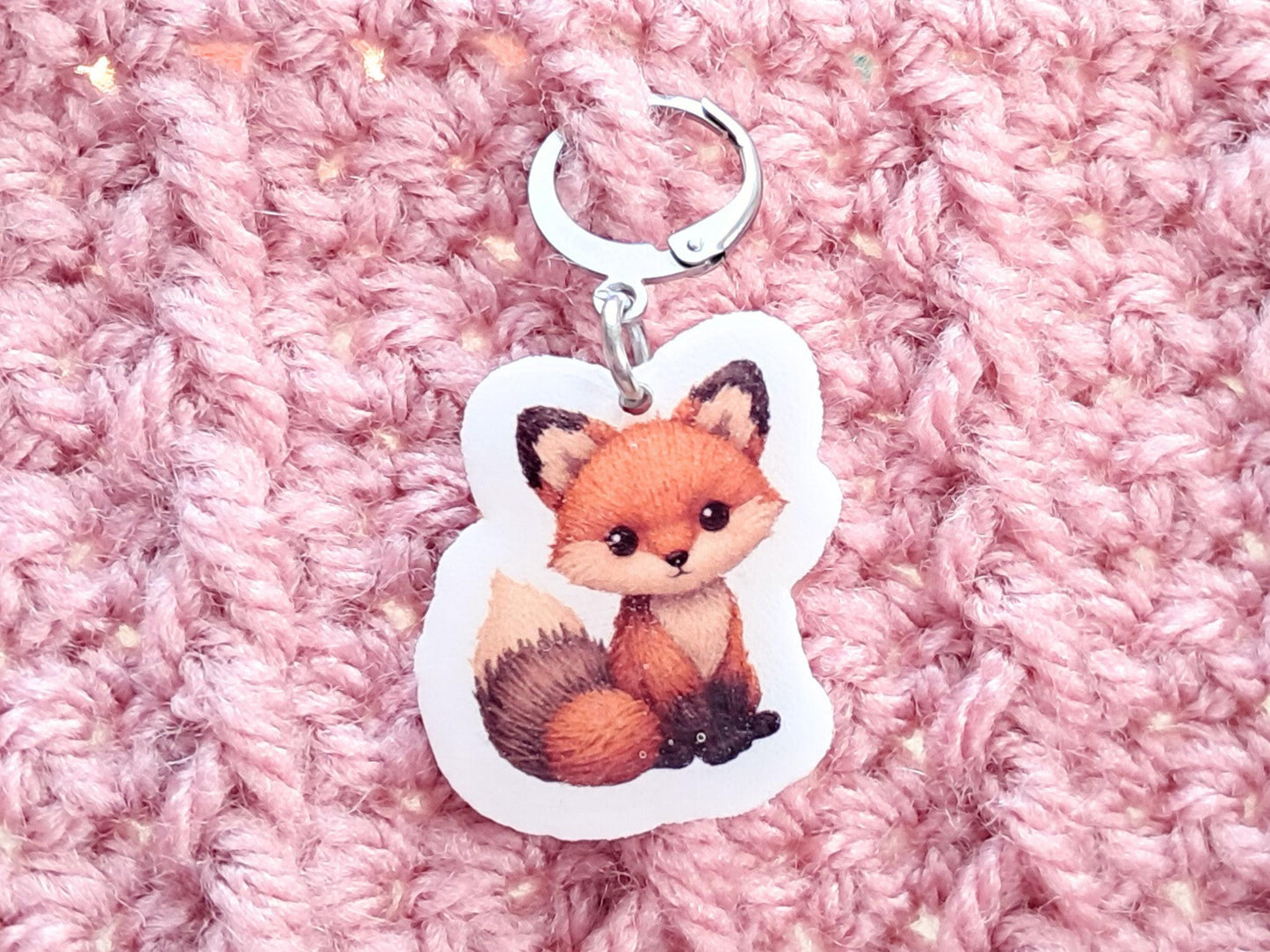 Fox Stitch Marker, Silver Plated Lever Back Crochet Notion, Yarn Animal Charm, Autumn Woodland, Progress Row Keeper, Crochet Supply Gift