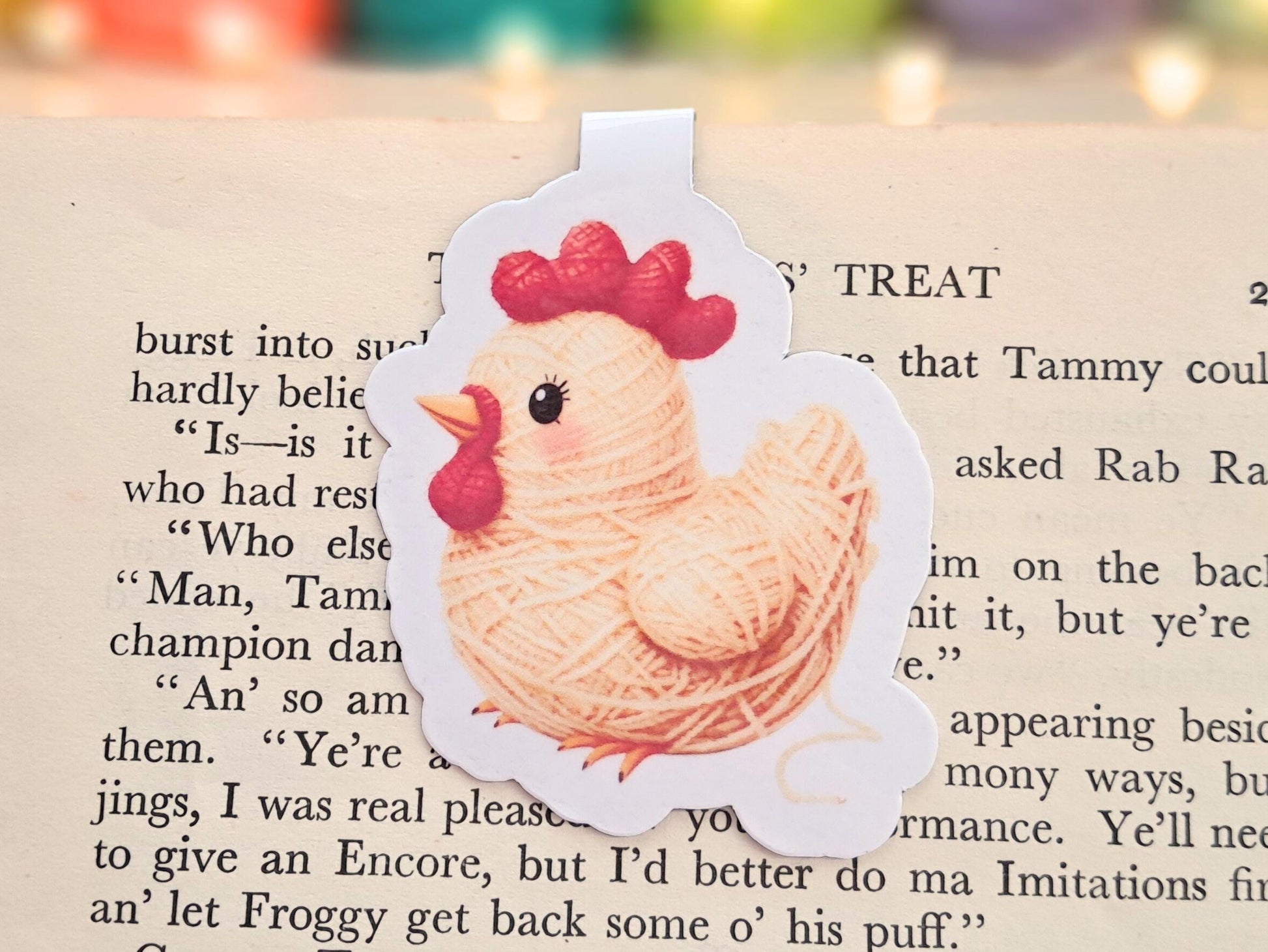 Chicken Magnetic Bookmark, Yarn Pals Callie, Bookish Accessory Page Marker Keeper, Crocheter Knitter Gift, Spring Gardener