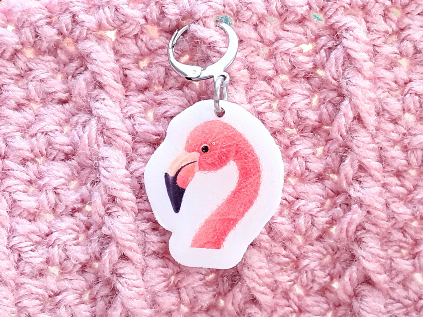Flamingo Stitch Marker, Silver Plated Lever Back Crochet Notion, Yarn Tropical Bird Charm, Progress Row Keeper, Crochet Supply Gift