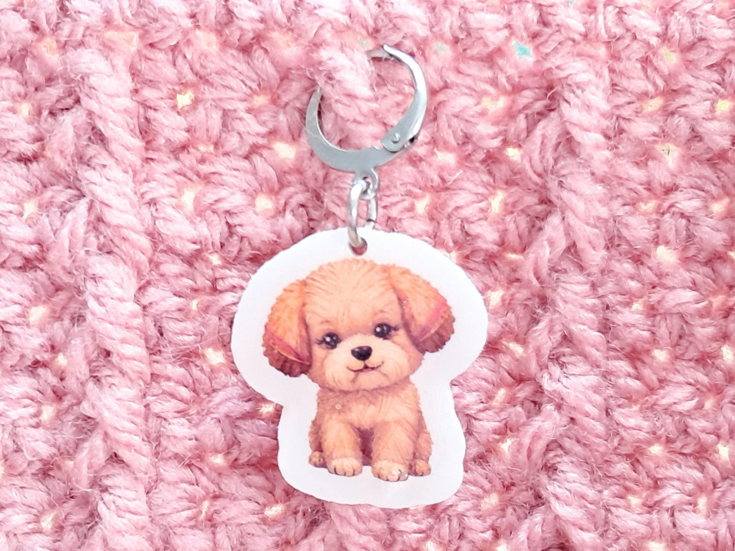 Puppy Dog Stitch Marker, Silver Plated Lever Back Crochet Notion, Yarn Animal Pet Charm, Progress Row Keeper, Crochet Supply Gift