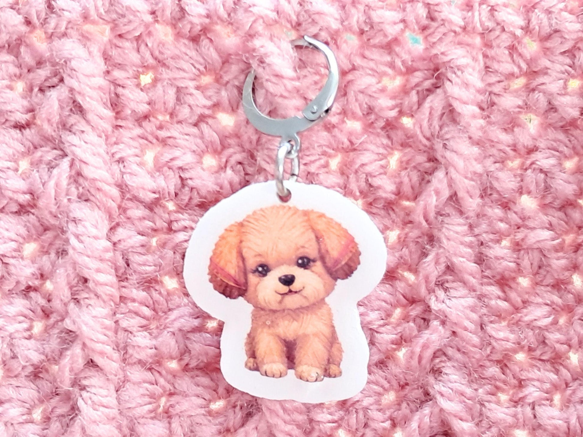 Puppy Dog Stitch Marker, Silver Plated Lever Back Crochet Notion, Yarn Animal Pet Charm, Progress Row Keeper, Crochet Supply Gift