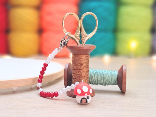 Mushroom Cottage Scissor Fob with Protection Bead