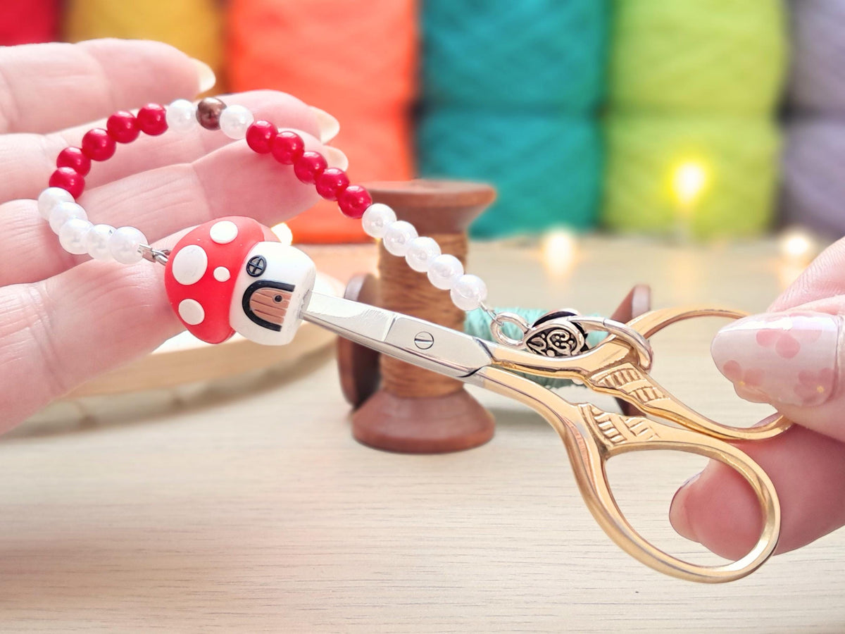 Mushroom Cottage Scissor Fob with Protection Bead
