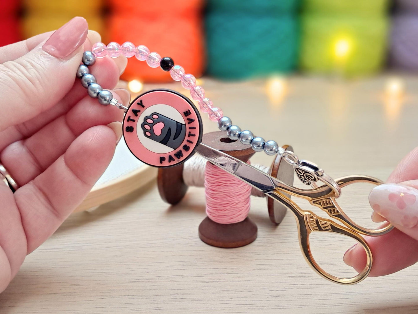 Cat Paw Scissor Fob with Protection Bead, Positivity Scissor Keeper, Embroidery Sewing Crochet Knit Notion, Project Bag Tool, Pet Lover Gift