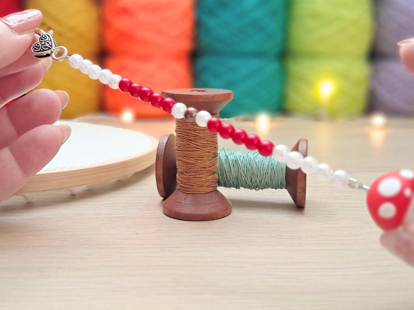 Mushroom Cottage Scissor Fob with Protection Bead, Toadstool House Scissor Keeper, Embroidery Sewing Crochet Knit Notion, Project Bag Tool