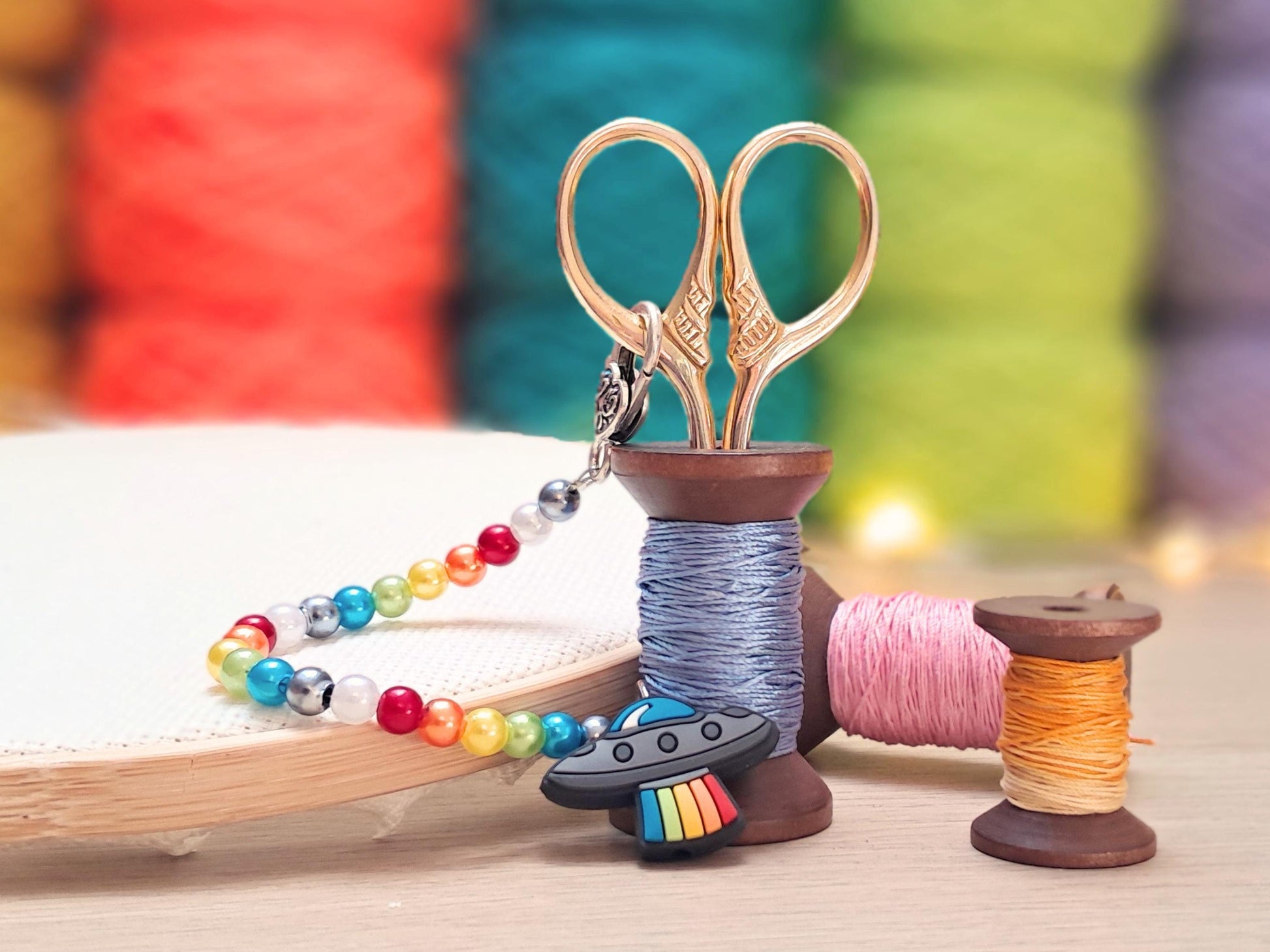 Rainbow Spaceship Scissor Fob with Protection Bead