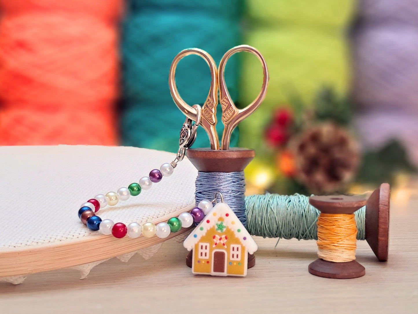 Gingerbread House Scissor Fob with Protection Bead