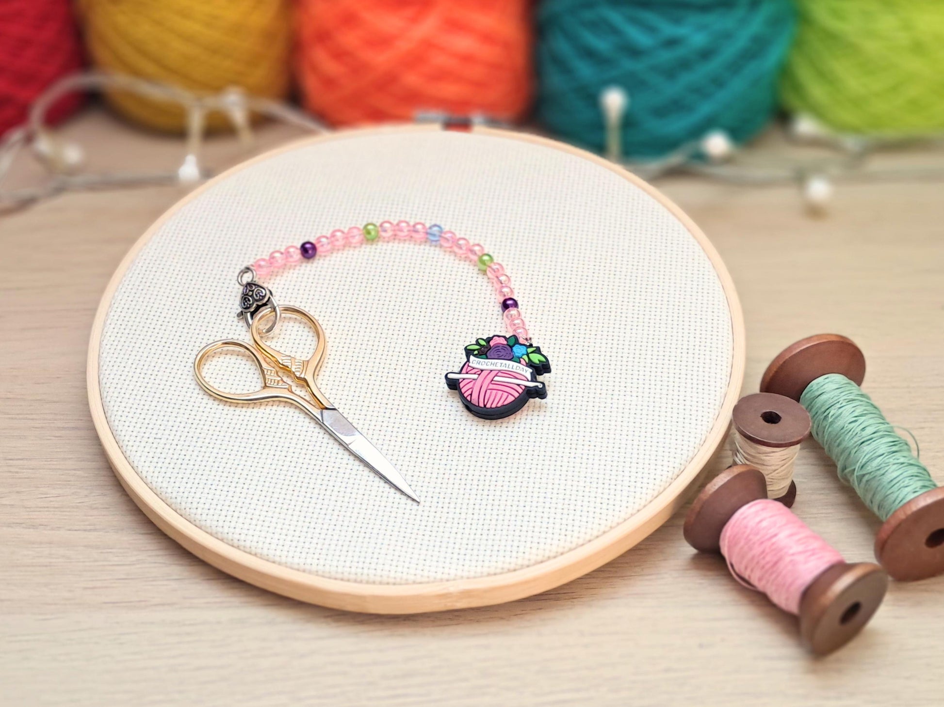 Crochet All Day Yarn ball Scissor Fob with Protection Bead