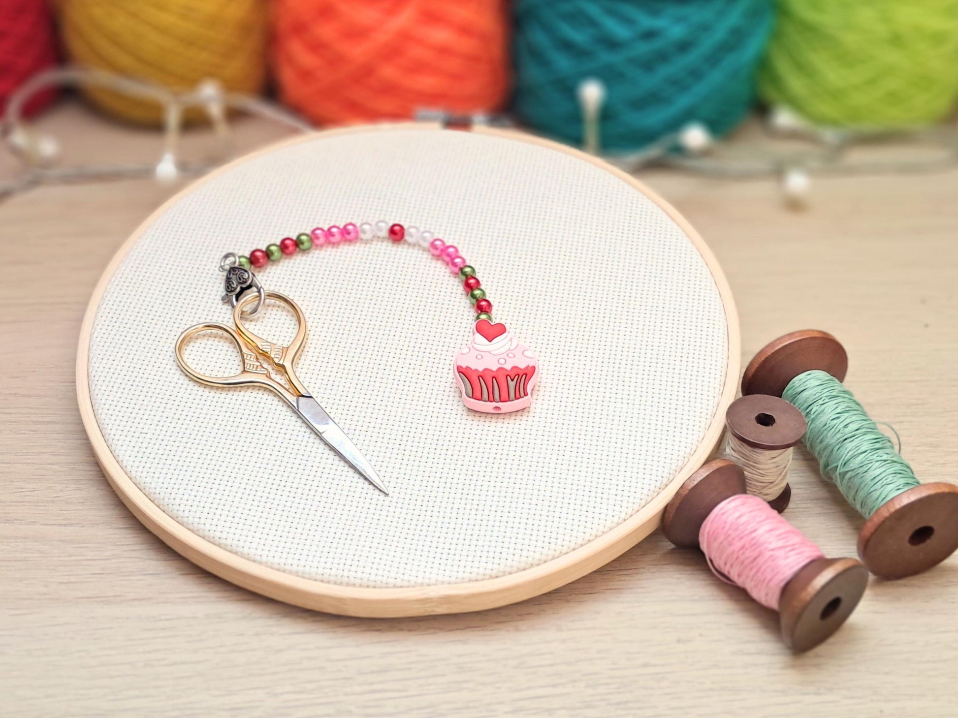 Strawberry Cupcake Scissor Fob with Protection Bead
