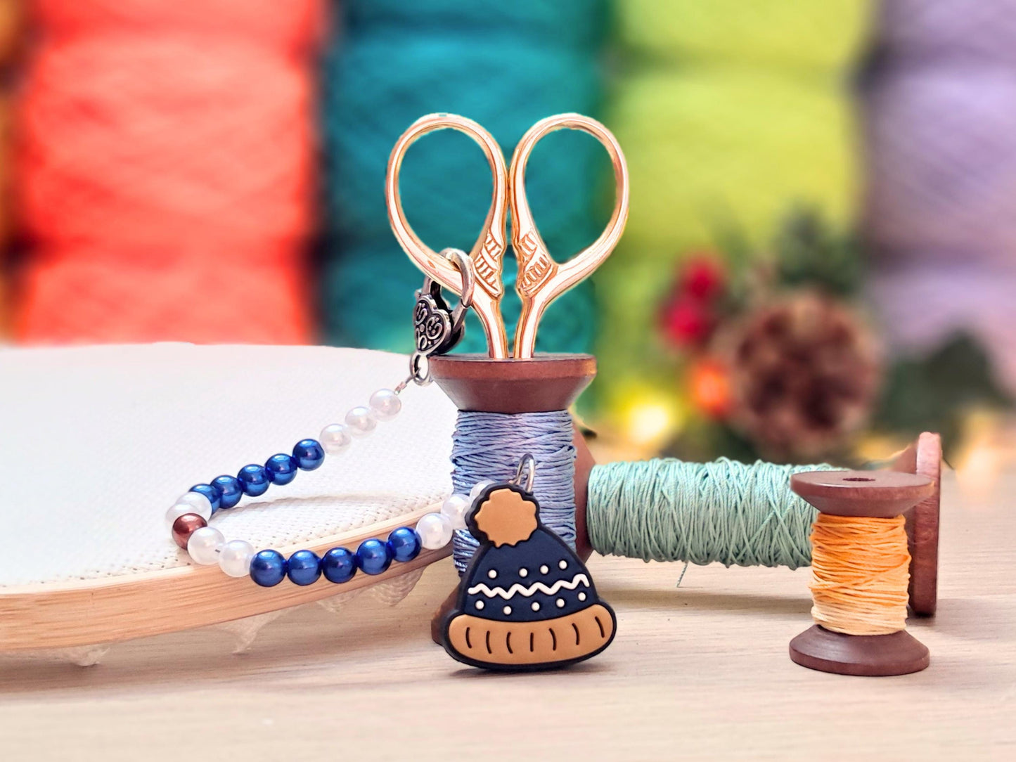 Bobble Hat Beaded Scissor Fob with Protection Bead