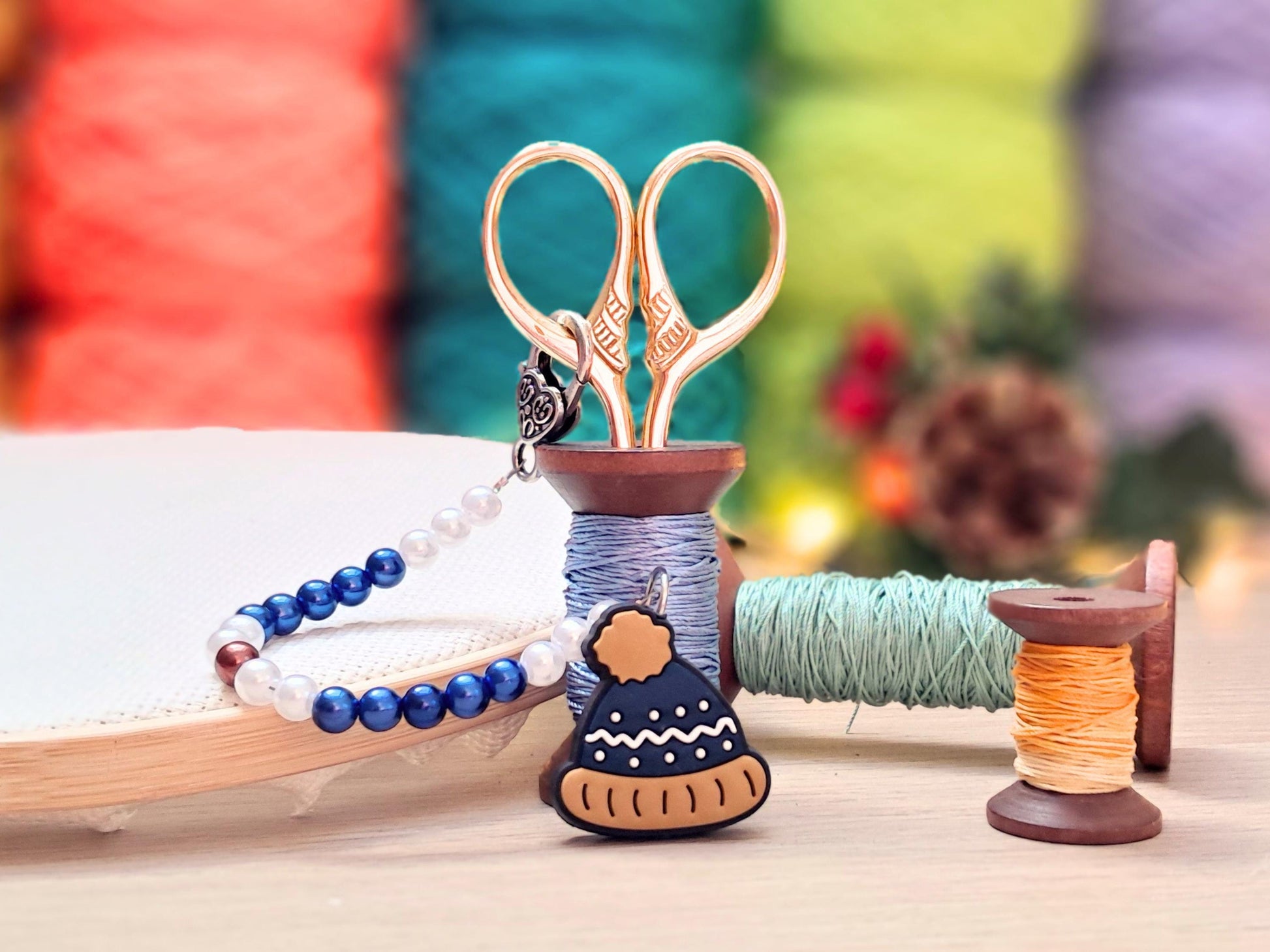 Bobble Hat Beaded Scissor Fob with Protection Bead