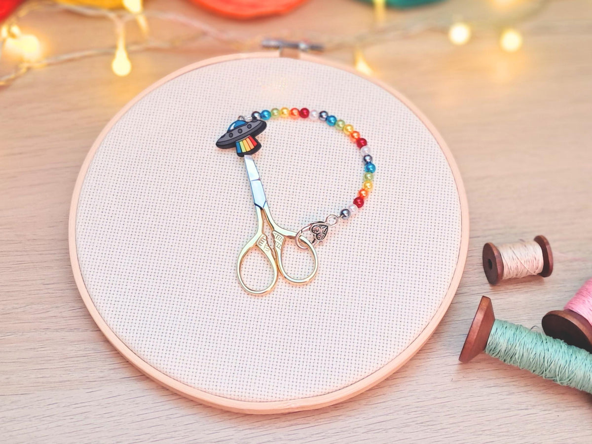 Rainbow Spaceship Scissor Fob with Protection Bead