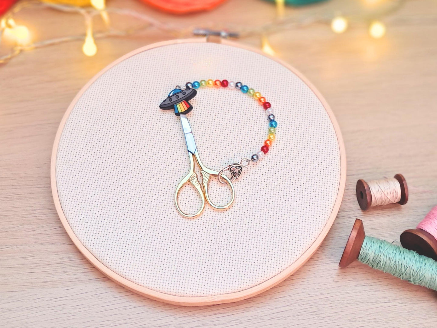 Rainbow Spaceship Scissor Fob with Protection Bead
