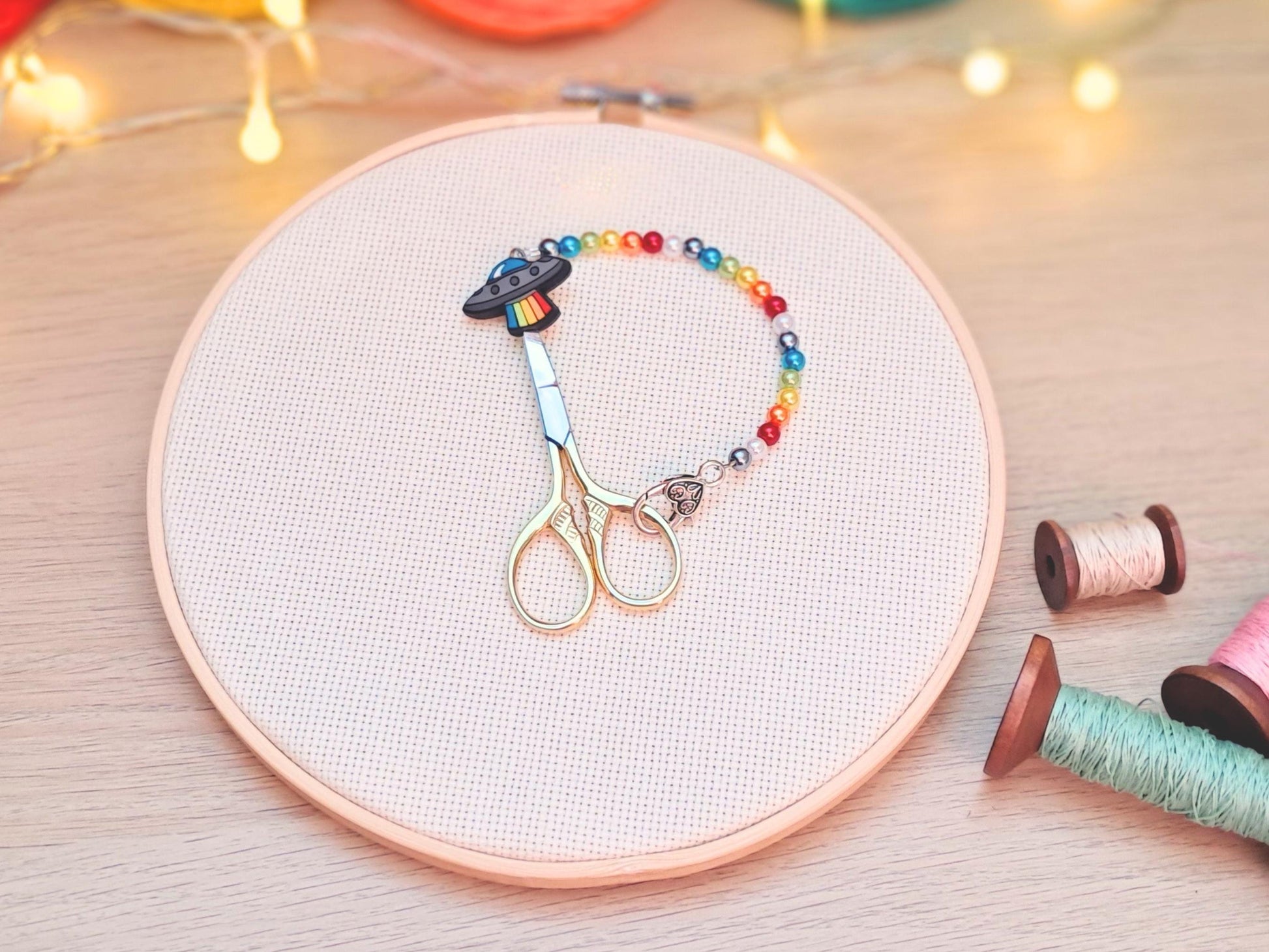 Rainbow Spaceship Scissor Fob with Protection Bead