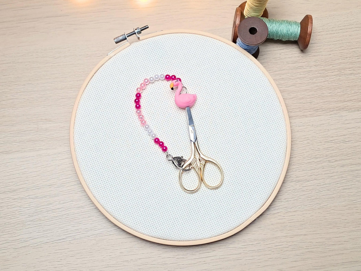 Flamingo Scissor Fob with Protection Bead, Safety Scissor Keeper, Embroidery Sewing Crochet Knitting Notion, Project Bag Tool, Tropical Gift