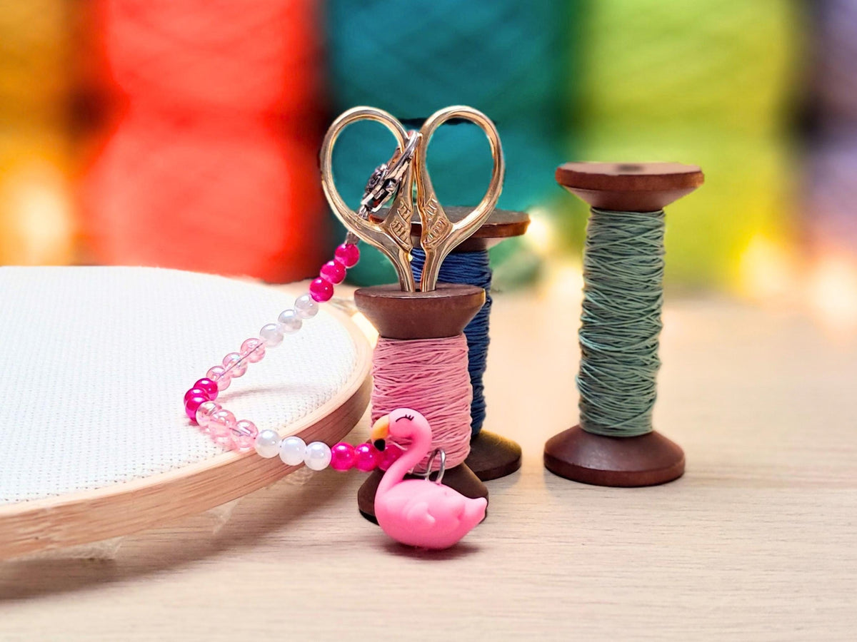 Flamingo Scissor Fob with Protection Bead, Safety Scissor Keeper, Embroidery Sewing Crochet Knitting Notion, Project Bag Tool, Tropical Gift
