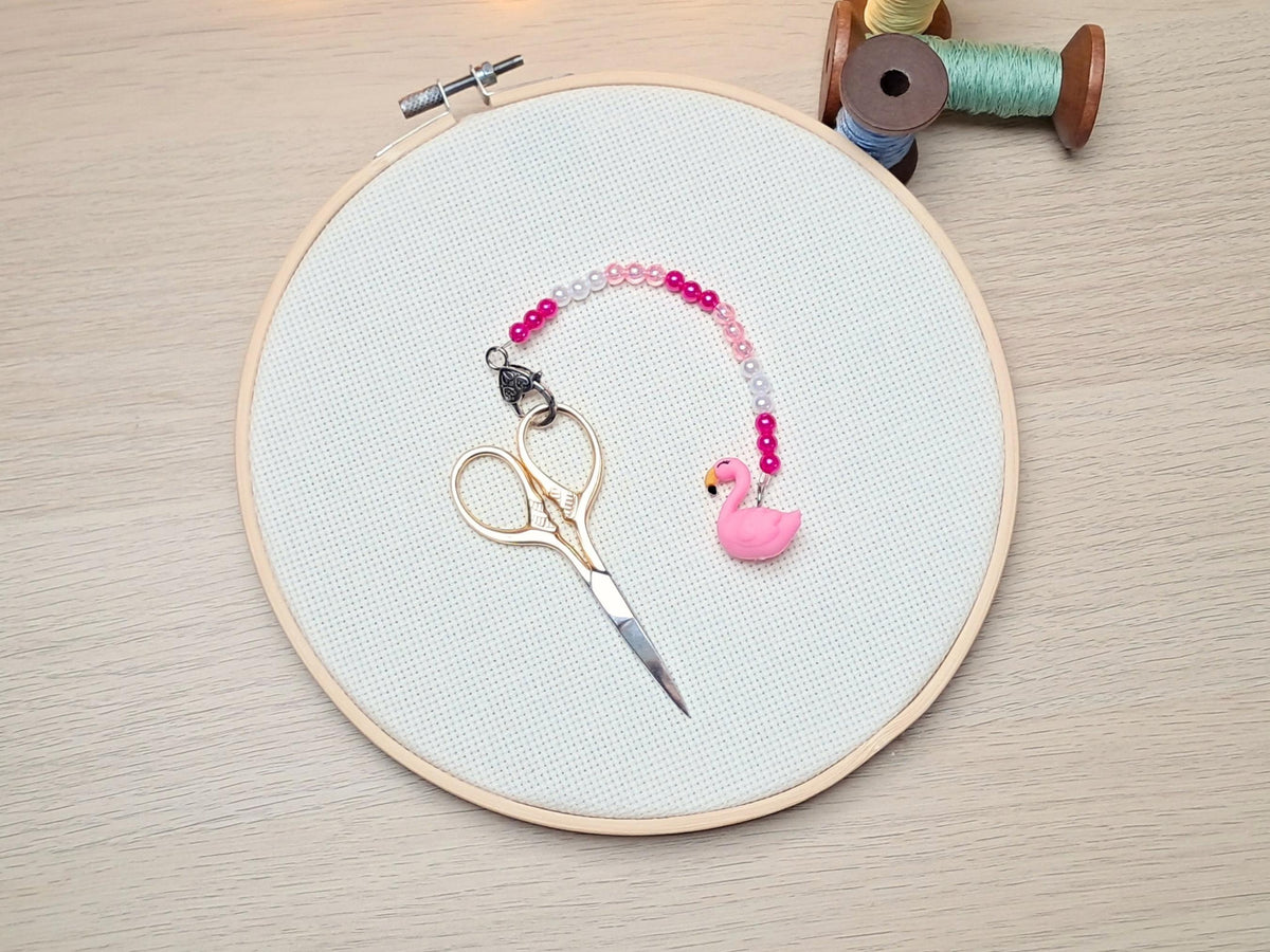 Flamingo Scissor Fob with Protection Bead, Safety Scissor Keeper, Embroidery Sewing Crochet Knitting Notion, Project Bag Tool, Tropical Gift