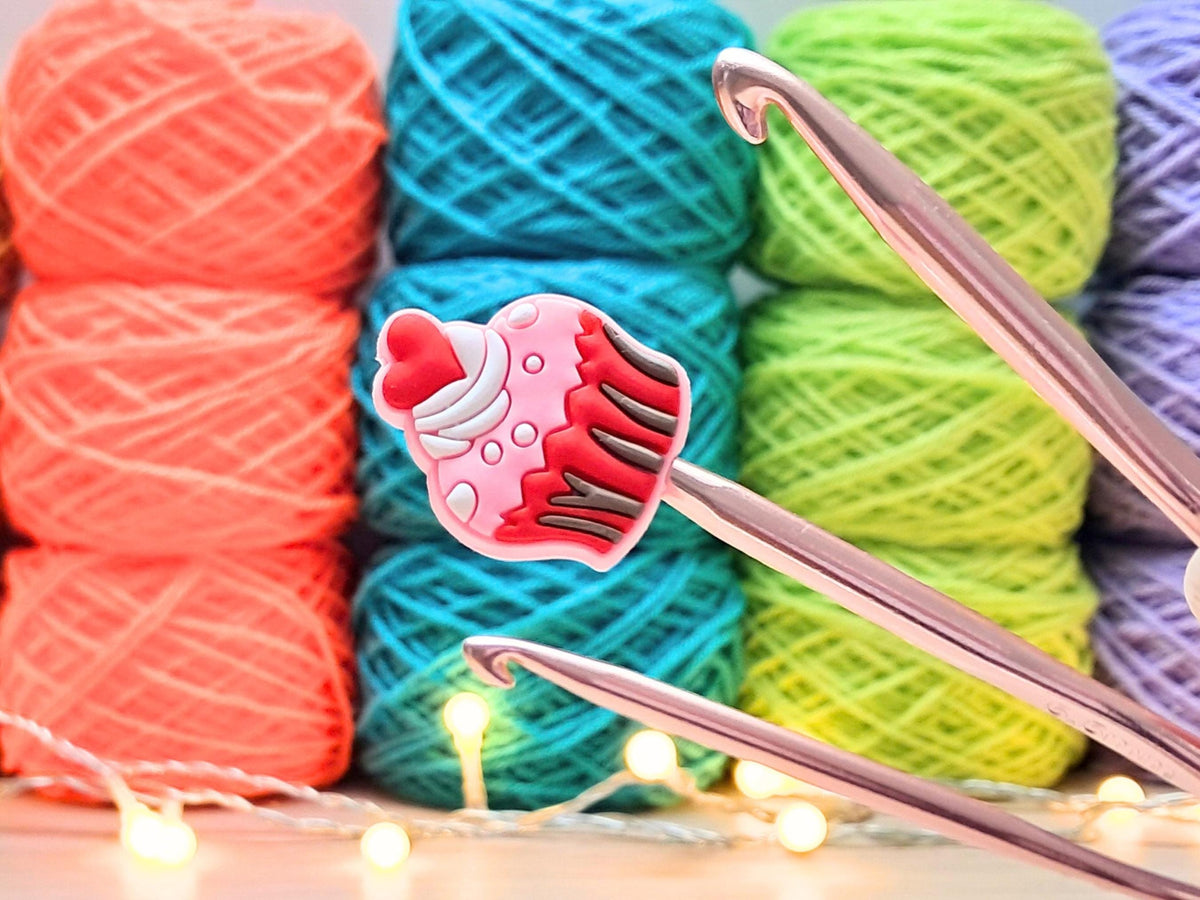 Strawberry Cupcake Stitch Stopper, Silicone Scissor Knitting Needle Crochet Hook Protector, Project Saver, WIP Bag Tool Notion Supply