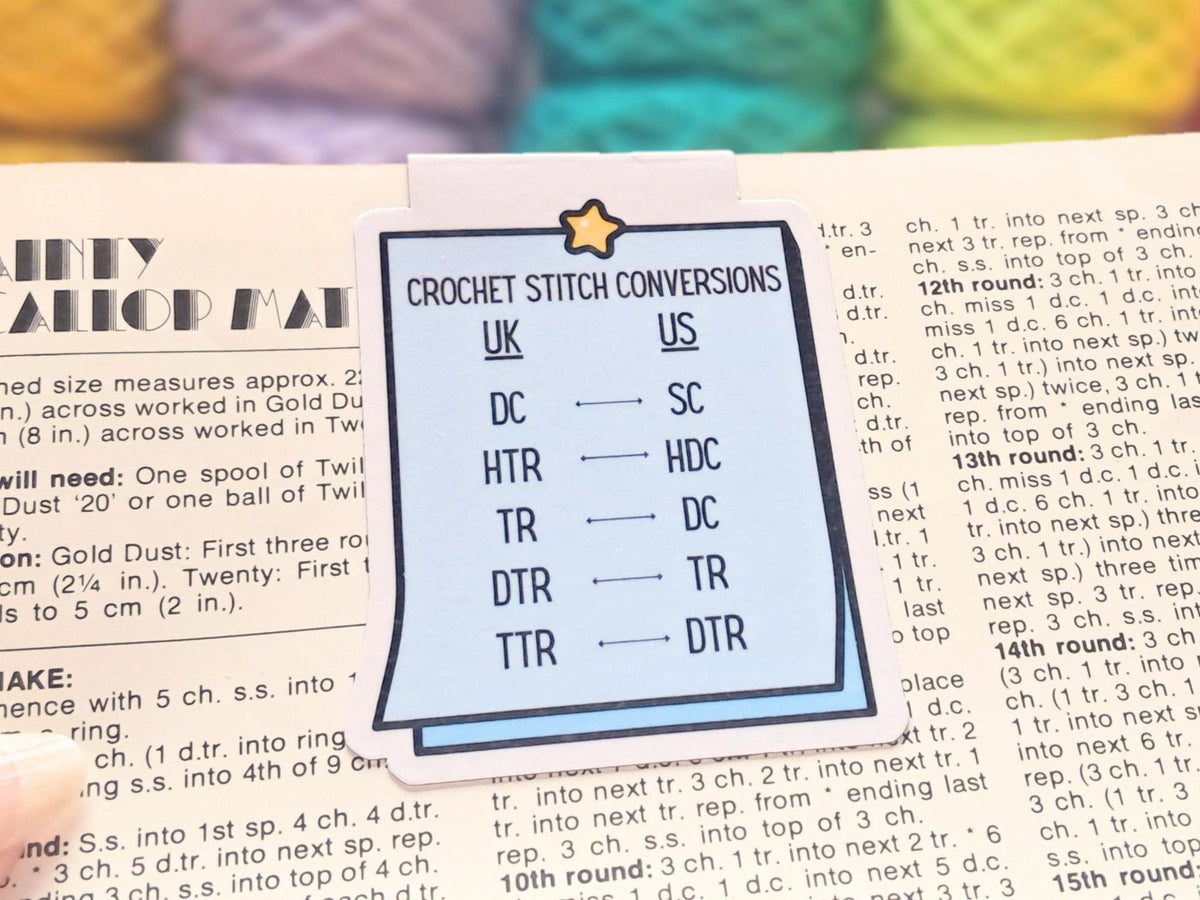 UK To US Stitches Magnetic Bookmark For Crocheters, Yarn Size Conversion Page Marker, Place Keeper, Crafter Bookworm Gift, Pattern Marker