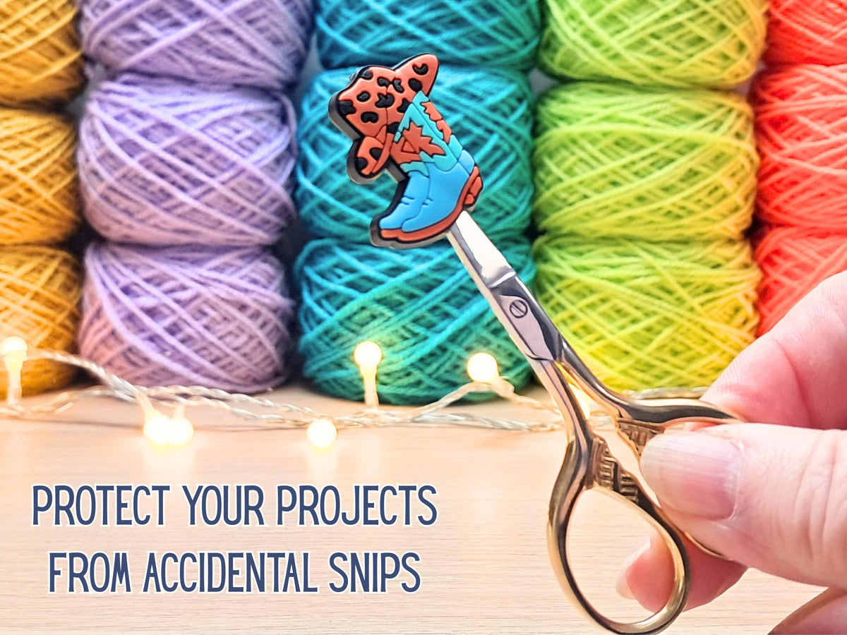 Cowboy Boot And Hat Stitch Stopper, Silicone Bead Scissor Tip Protector, Knitting Needle Cap, Crochet Project Saver, WIP Bag Tool Notions