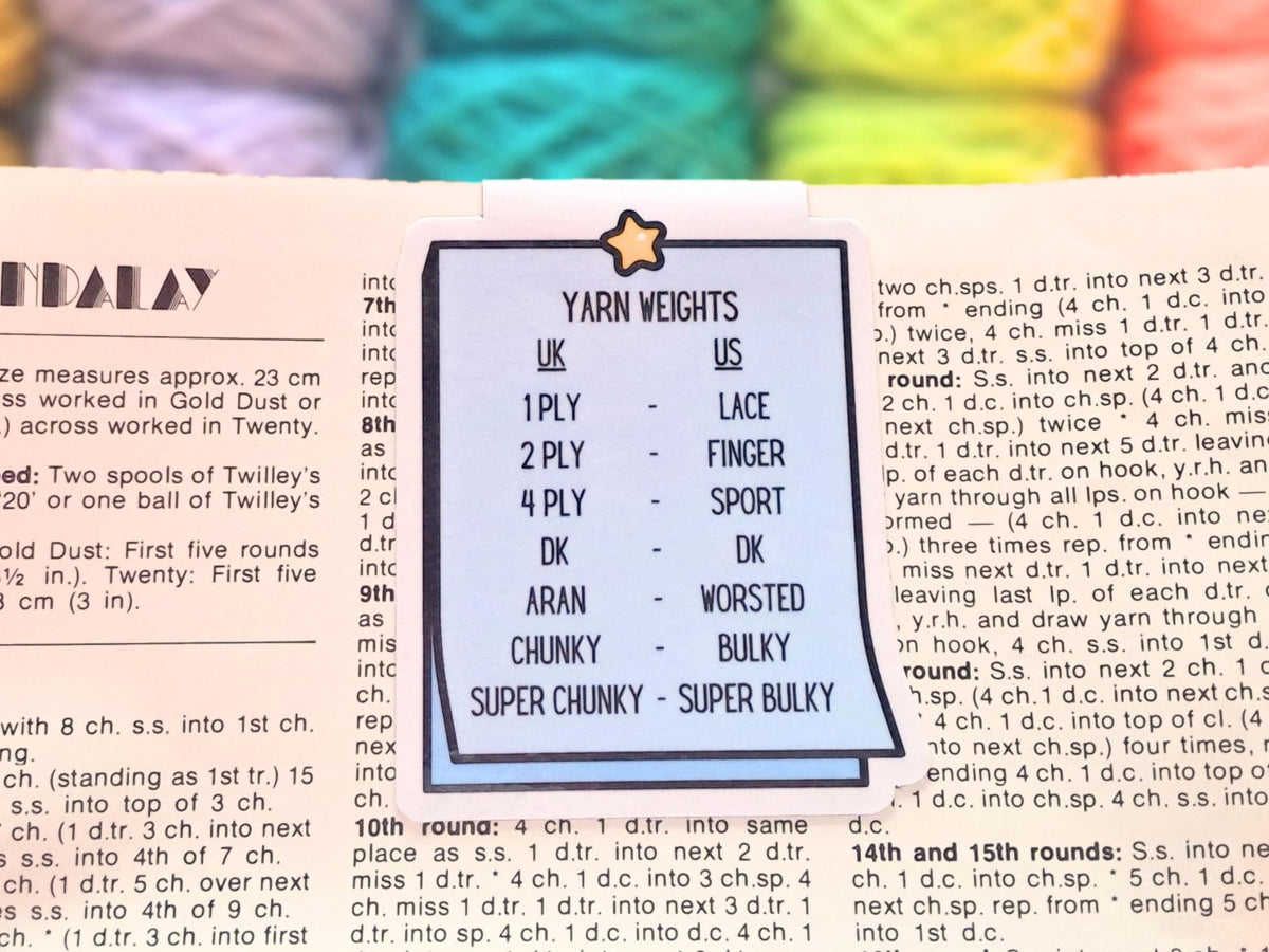 UK To US Stitches Magnetic Bookmark For Crocheters, Yarn Size Conversion Page Marker, Place Keeper, Crafter Bookworm Gift, Pattern Marker