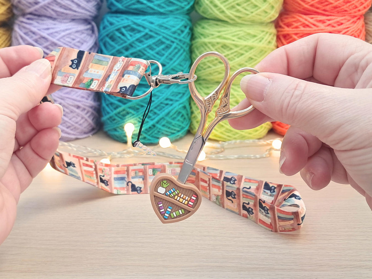 Bookshelf Cat Lanyard Scissor Protector Set, Crochet Knitting Embroidery Quilting Sewing Accessory Supplies, Crafter Book Lover Reader Gift