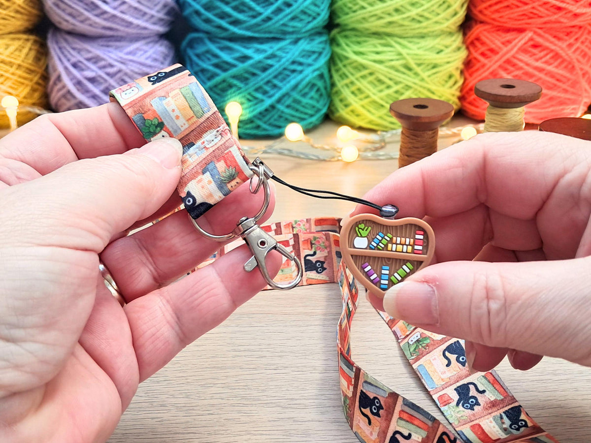 Bookshelf Cat Lanyard Scissor Protector Set, Crochet Knitting Embroidery Quilting Sewing Accessory Supplies, Crafter Book Lover Reader Gift