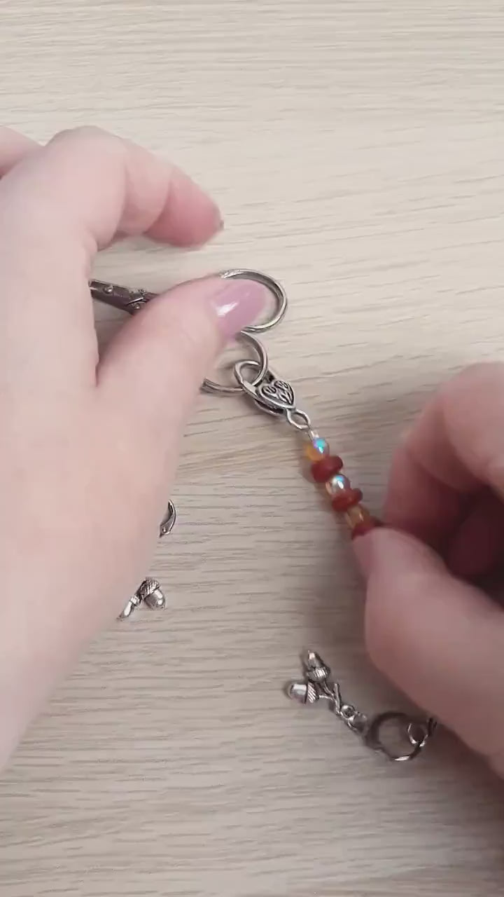 Squirrel Beaded Scissor Fob with Acorn Stitch Markers Set